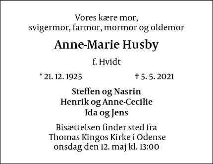 Dødsannoncen for Anne-Marie Husby - Odense