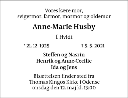 Dødsannoncen for Anne-Marie Husby - Odense