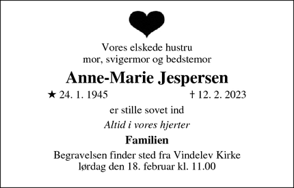 Dødsannoncen for Anne-Marie Jespersen - Vindelev