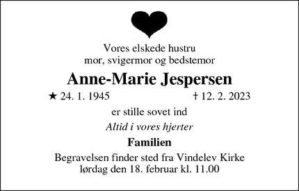 Dødsannoncen for Anne-Marie Jespersen - Vindelev