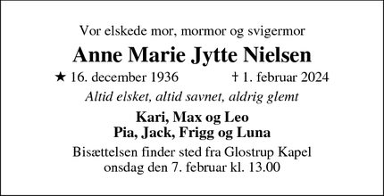 Dødsannoncen for Anne Marie Jytte Nielsen - Glostrup