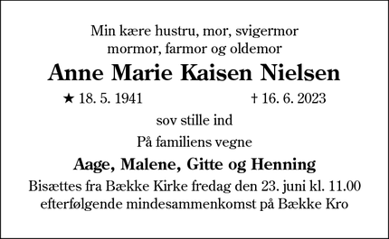 Dødsannoncen for Anne Marie Kaisen Nielsen - Bække