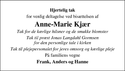 Dødsannoncen for Anne-Marie Kjær - Skørping