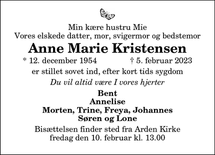 Dødsannoncen for Anne Marie Kristensen - Arden