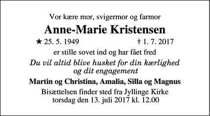 Dødsannoncen for Anne-Marie Kristensen - Jyllinge