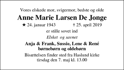 Dødsannoncen for Anne Marie Larsen De Jonge - Randers