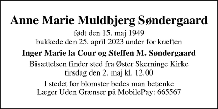 Dødsannoncen for Anne Marie Muldbjerg Søndergaard - Vejen
