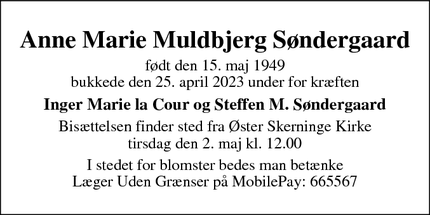 Dødsannoncen for Anne Marie Muldbjerg Søndergaard - Vejen