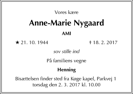 Dødsannoncen for Anne-Marie Nygaard - Store Heddinge