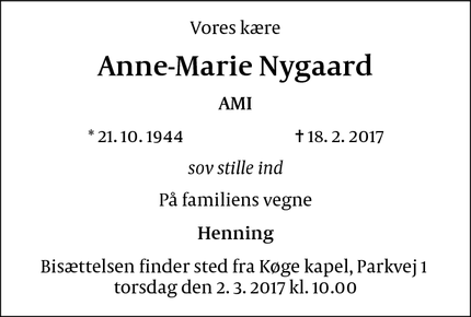 Dødsannoncen for Anne-Marie Nygaard - Store Heddinge