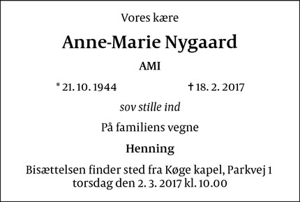 Dødsannoncen for Anne-Marie Nygaard - Store Heddinge
