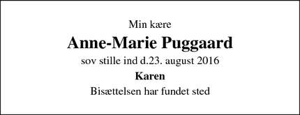 Dødsannoncen for Anne-Marie Puggaard - Stevnstrup, Danmark