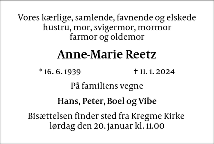Dødsannoncen for Anne-Marie Reetz - Frederiksværk