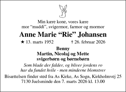 Dødsannoncen for Anne Marie &ldquo;Rie&rdquo; Johansen - Juelsminde