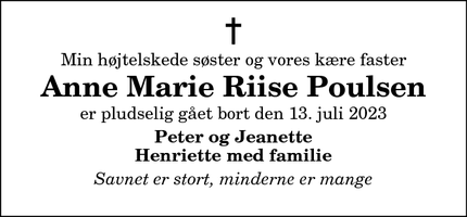 Dødsannoncen for Anne Marie Riise Poulsen - Skørping 