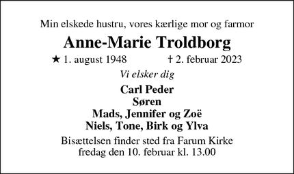 Dødsannoncen for Anne-Marie Troldborg - Farum