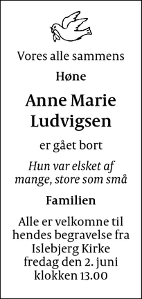 Dødsannoncen for Anne Marie
Ludvigsen - Frederikssund