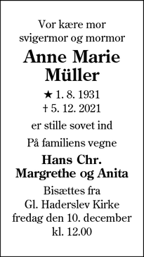 Dødsannoncen for Anne Marie
Müller - Haderslev