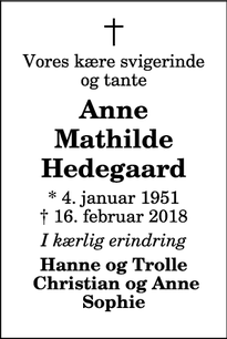 Dødsannoncen for Anne Mathilde Hedegaard - Bedsted Thy