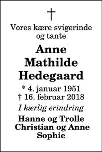Dødsannoncen for Anne Mathilde Hedegaard - Bedsted Thy