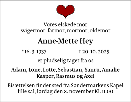 Dødsannoncen for Anne-Mette Hey - Frederiksberg
