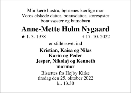 Dødsannoncen for Anne-Mette Holm Nygaard - Odense