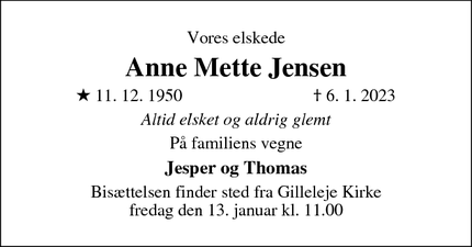 Dødsannoncen for Anne Mette Jensen - Gilleleje