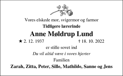 Dødsannoncen for Anne Møldrup Lund - Køge