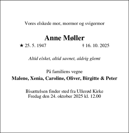 Dødsannoncen for Anne Møller - Helsinge