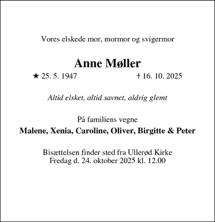 Dødsannoncen for Anne Møller - Helsinge