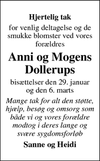 Dødsannoncen for Anni og Mogens Dollerups - Tårnby