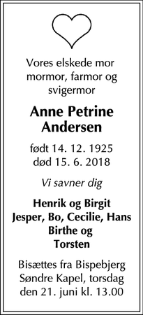 Dødsannoncen for Anne Petrine Andersen - København
