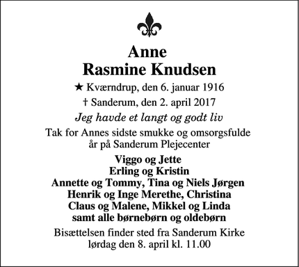 Dødsannoncen for Anne 
Rasmine Knudsen - Odense