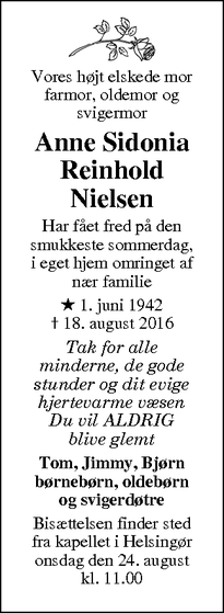 Dødsannoncen for Anne Sidonia Reinhold Nielsen - Helsingør