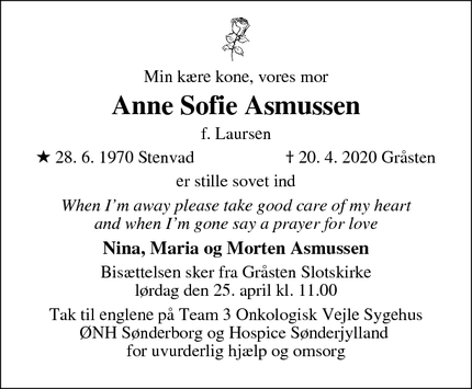 Dødsannoncen for Anne Sofie Asmussen - Gråsten
