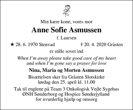 Dødsannoncen for Anne Sofie Asmussen - Gråsten