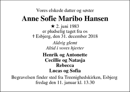 Dødsannoncen for Anne Sofie Maribo Hansen - Esbjerg