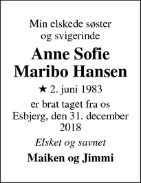 Dødsannoncen for Anne Sofie Maribo Hansen - Esbjerg