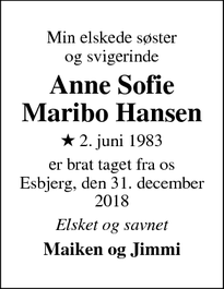 Dødsannoncen for Anne Sofie Maribo Hansen - Esbjerg