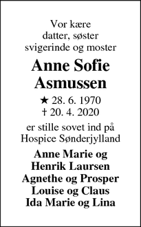 Dødsannoncen for Anne Sofie
Asmussen - Gråsten