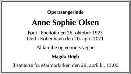 Dødsannoncen for Anne Sophie Olsen - København