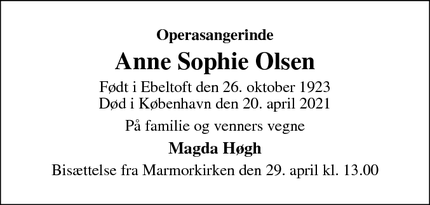 Dødsannoncen for Anne Sophie Olsen - København