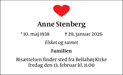 Dødsannoncen for Anne Stenberg - Brønshøj