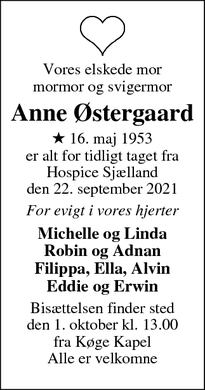 Dødsannoncen for Anne Østergaard - Herfølge