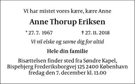 Dødsannoncen for Anne Thorup Eriksen - København