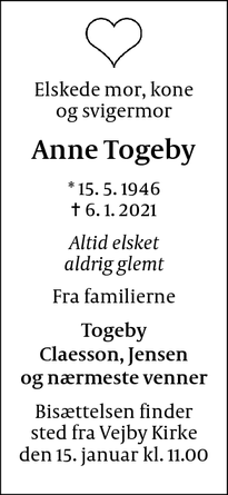 Dødsannoncen for Anne Togeby - Kastrup