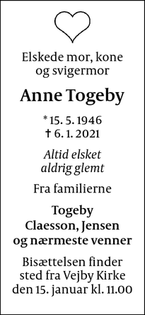 Dødsannoncen for Anne Togeby - Kastrup