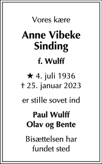 Dødsannoncen for Anne Vibeke
Sinding - Hørsholm