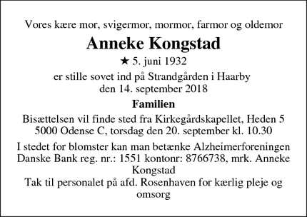 Dødsannoncen for Anneke Kongstad - Odense SØ