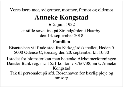 Dødsannoncen for Anneke Kongstad - Odense SØ